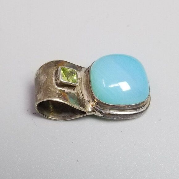 Vintage Sterling Silver Blue Glass Cabochon Slide Pendant, 925 Estate - Picture 3 of 9
